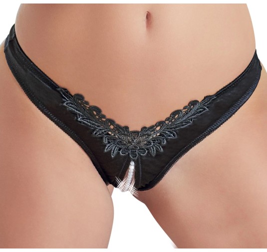 Cottelli LINGERIE - Seksowne Satynowe Majteczki Z Perełkami W Kroczu Czarne M